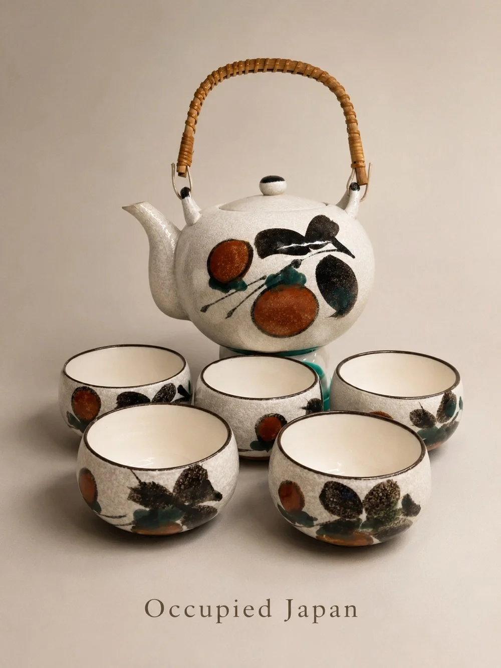 Vintage Otagiri Japanese Tea Set Persimmon Teapot 5 Cups Hand Painted Ceramic